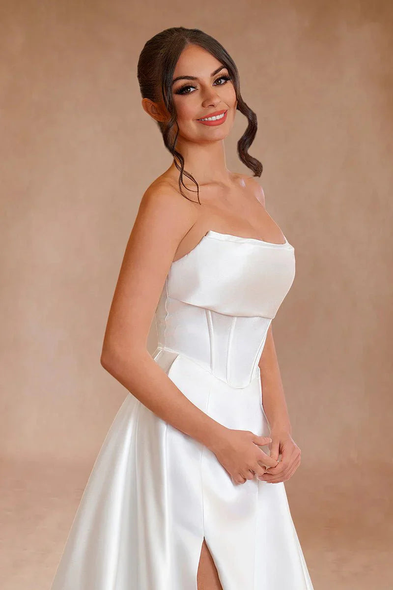 White Strapless Satin A Line Wedding Dresses