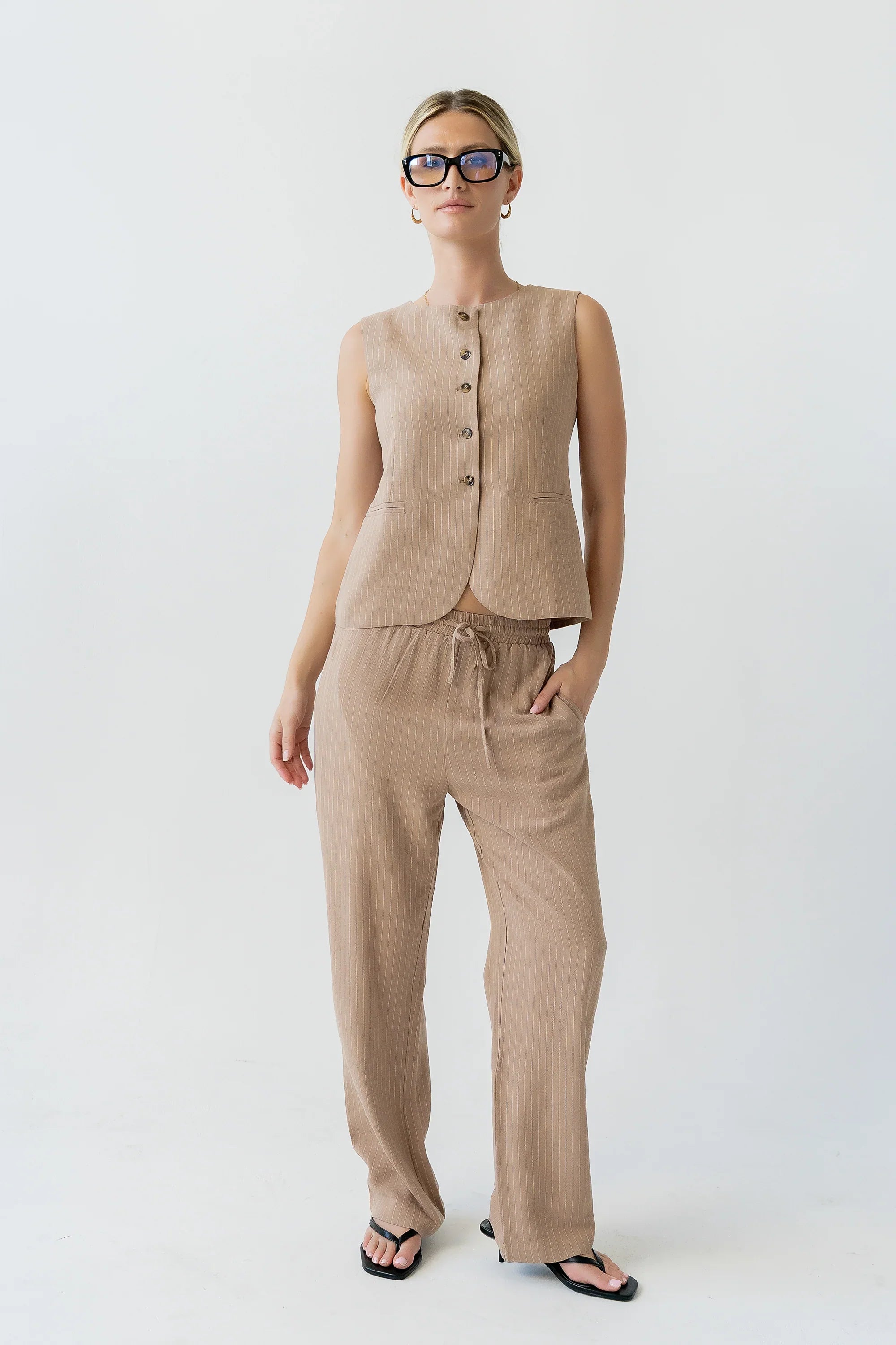 Vivienne Pinstripe Sleeveless Vest in Tan