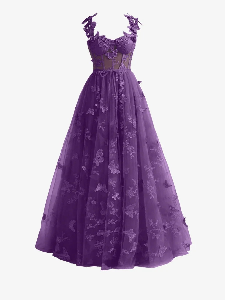 Purple A line Butterfly Lace Lilac Corset Prom Dress with Slit