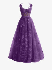 Purple A line Butterfly Lace Lilac Corset Prom Dress with Slit