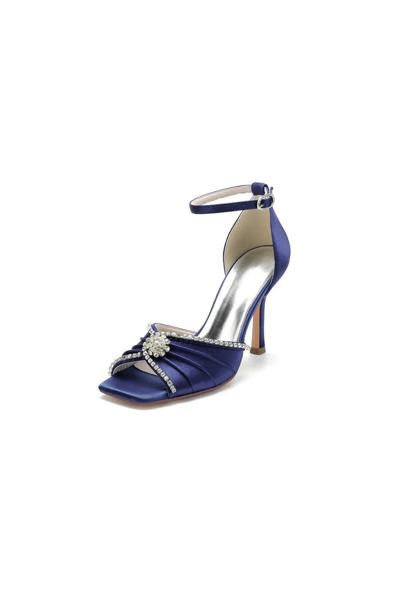 Satin Square OpenToe Stiletto Heels With Rhinestone