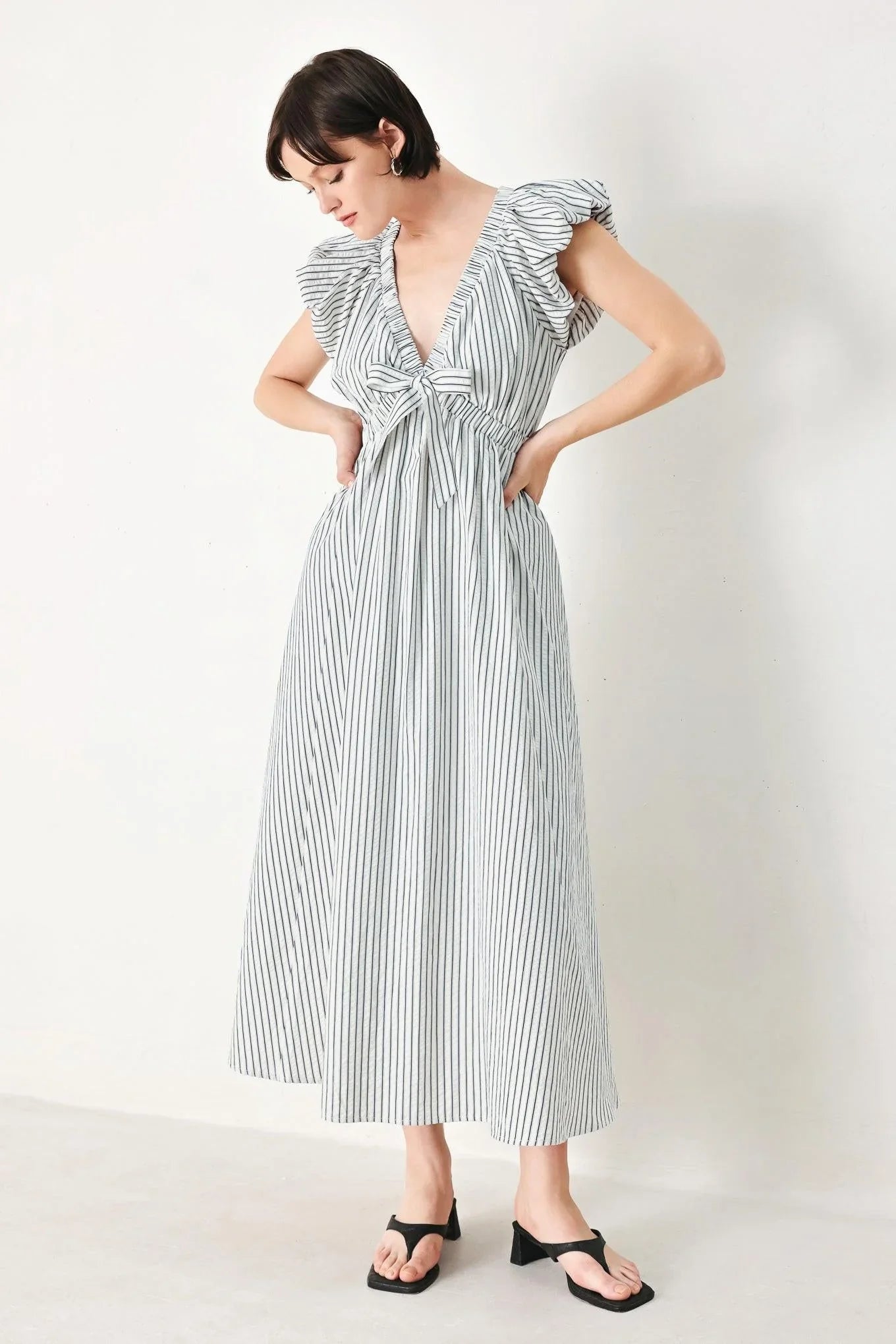 WHISPER STRIPE EMPIRE WAIST MIDI DRESS