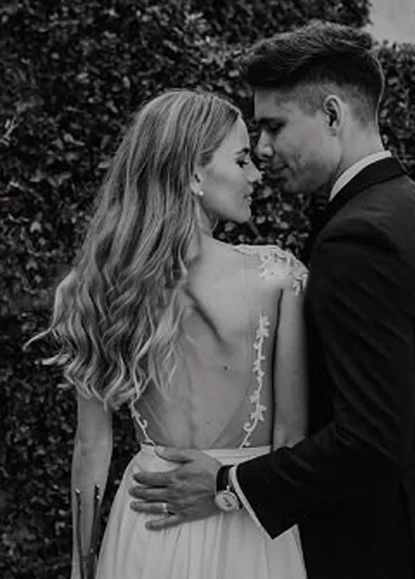 A Line Cap Sleeve Long Backless Wedding Dresses with Appliques