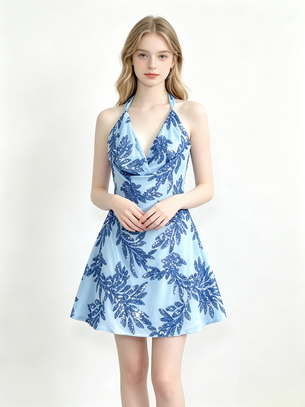 Halter Leaf Sequin Mini Bodycon Dress
