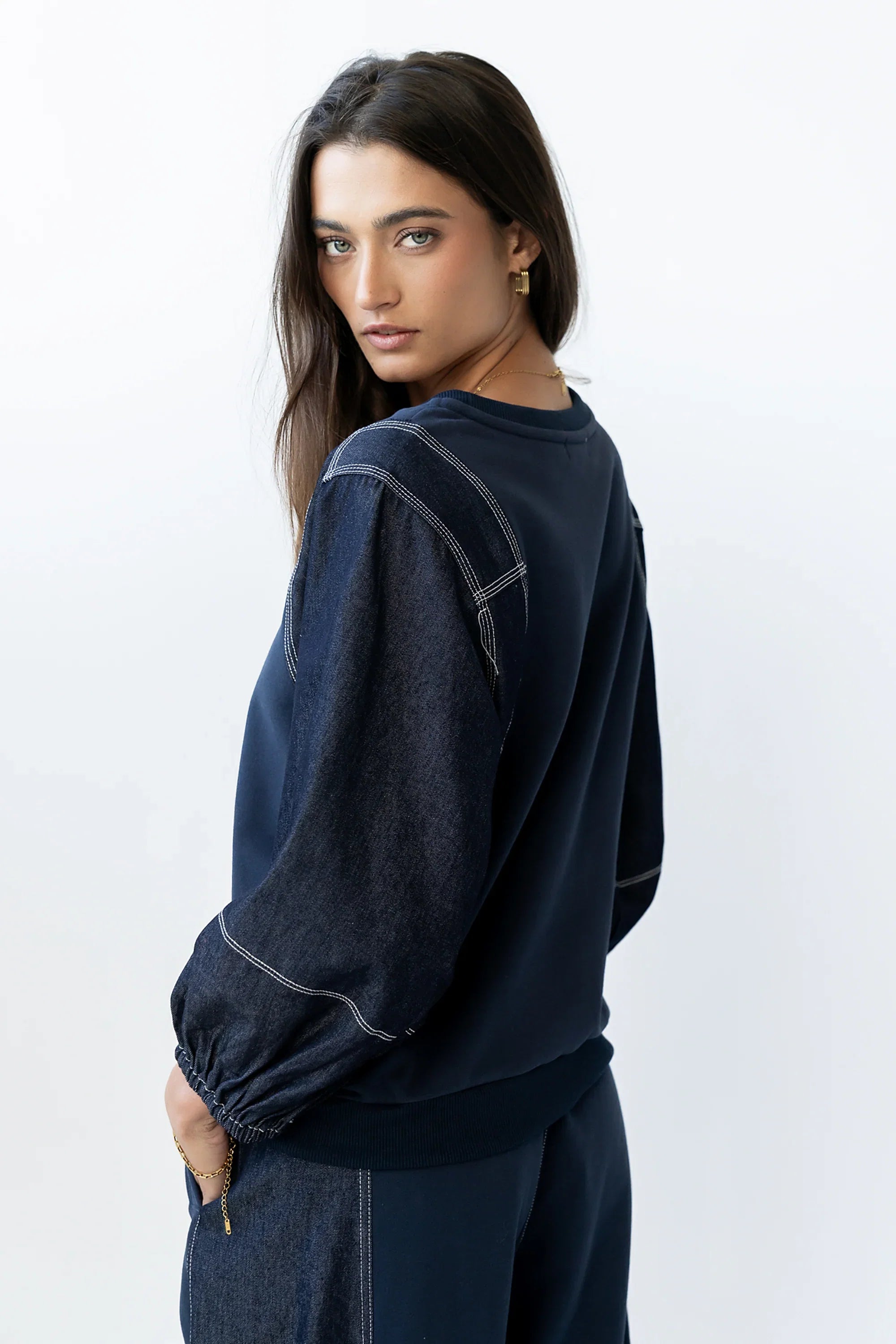 Malinda Mixed Media Top in Dark Wash FINAL SALE
