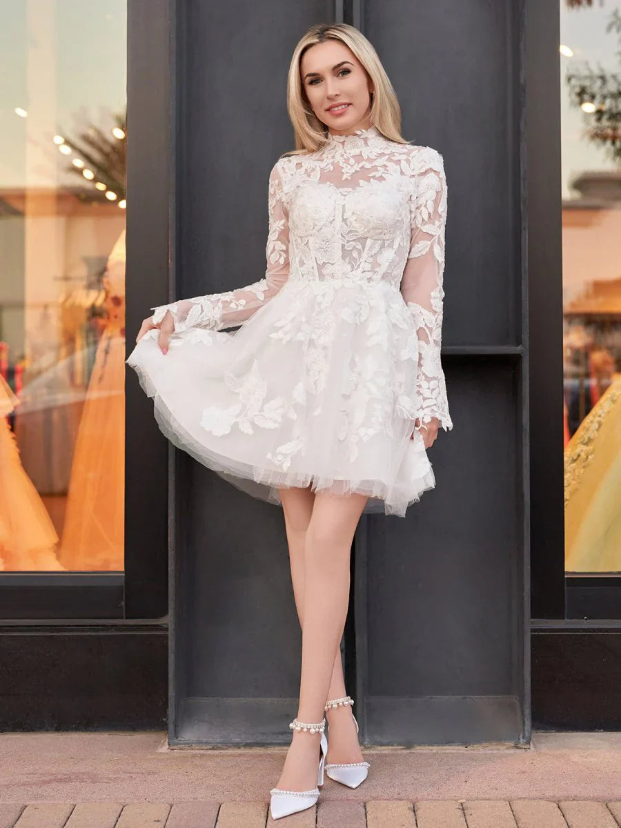Short White A Line Illusion Neck Long Sleeves Lace Wedding Dresses
