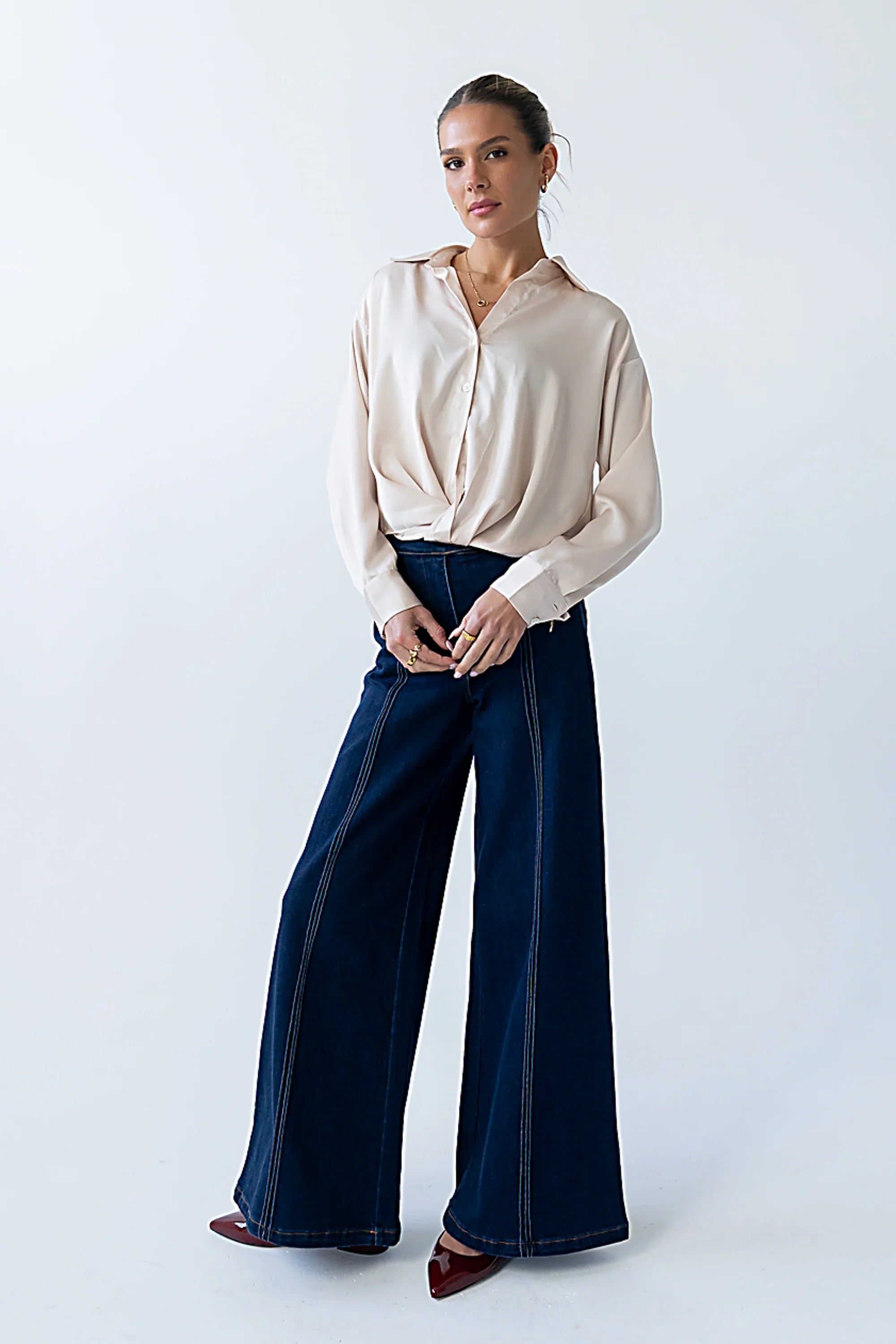 Margaret Twist Button Up in Champagne