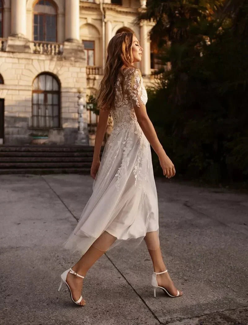 Tea Length Sleeves Ethereal Modern A Line V Neck Button Back Wedding Dress