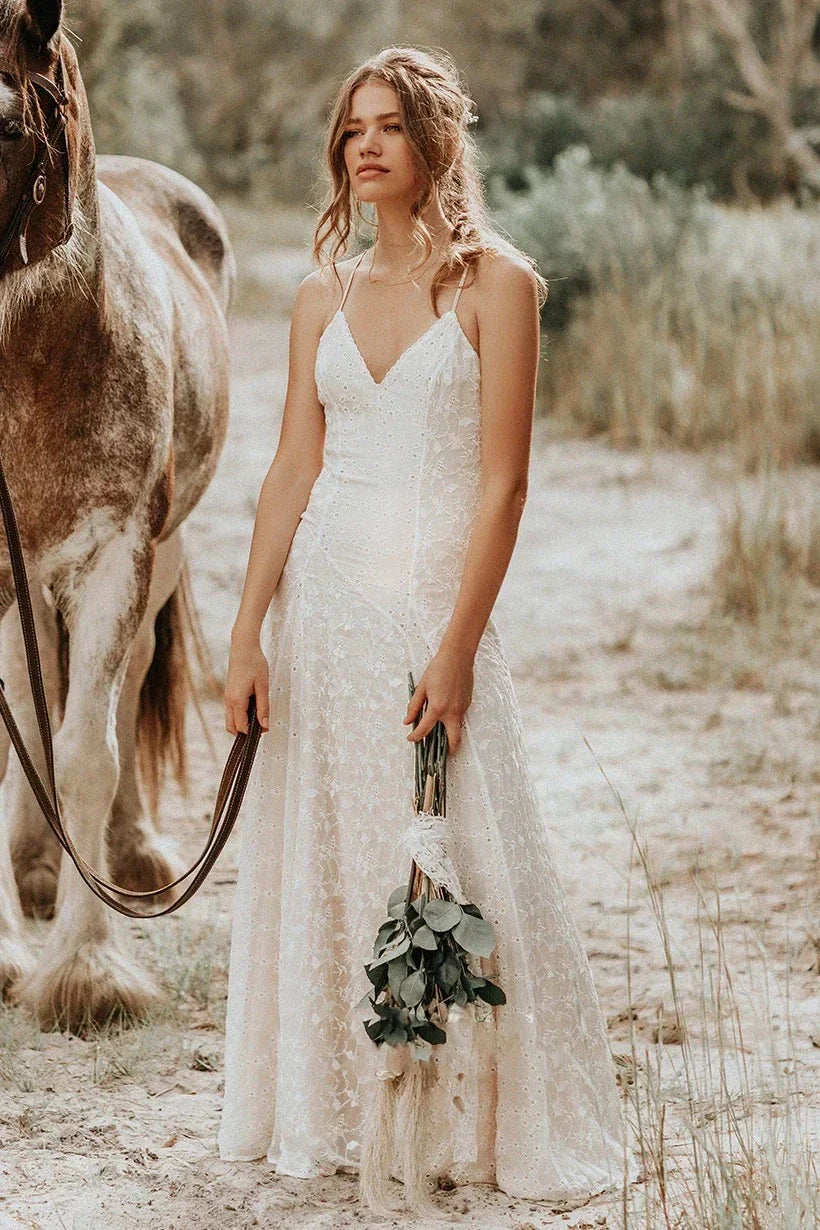 Lace Spaghetti V neck Sheath Wedding Gown With Straps And Open Back