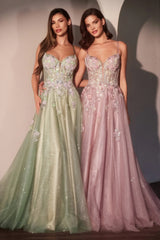 MEADOW GOWN FLORAL A LINE GLITTER TULLE DRESS