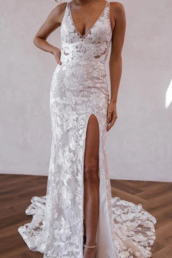 Elegant Mermaid V Neck Lace Boho Wedding Dresses with Slit