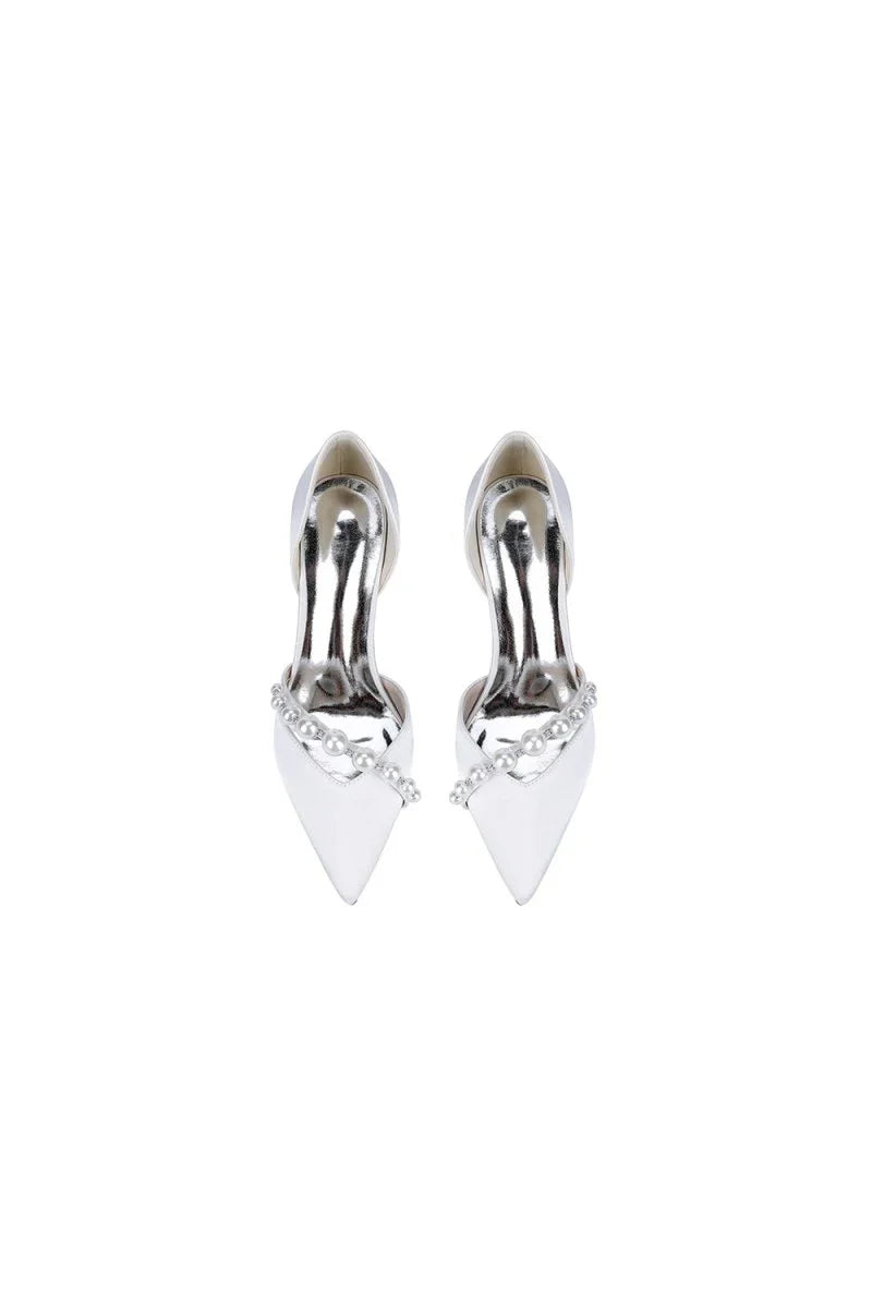 White Satin High Heels with Pearl Embellishments