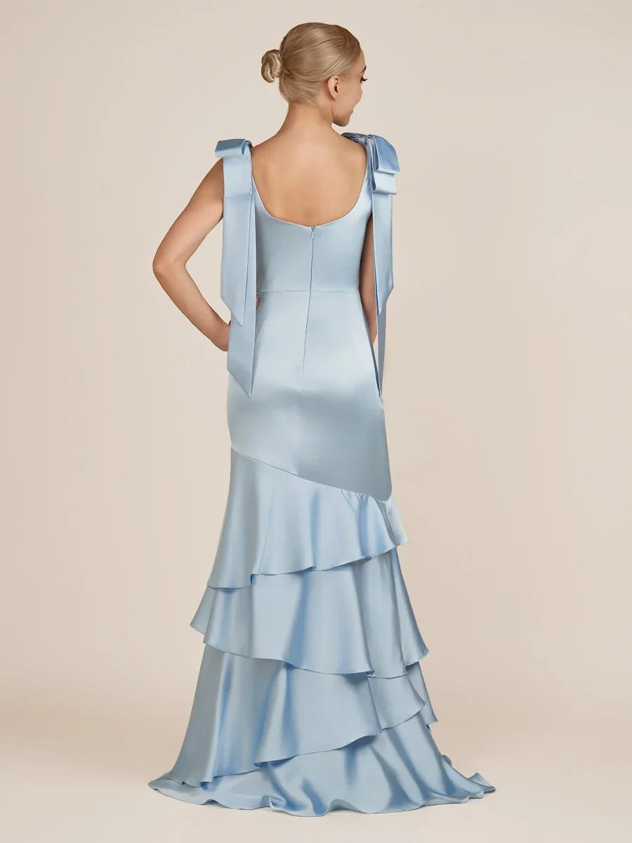 Light Blue Straps with Bows Mermaid Satin Tiered Long Bridesmaid Dress