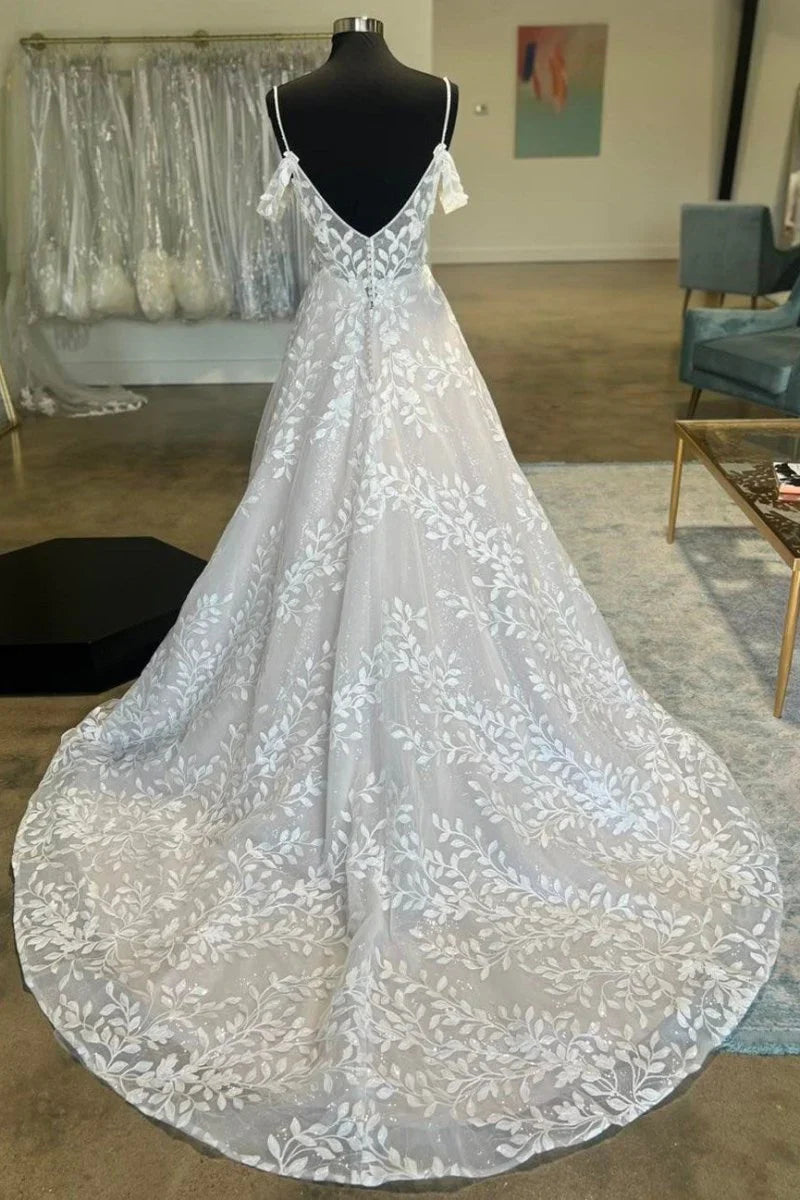 Ivory Cold Shoulder Appliques A Line Wedding Dress