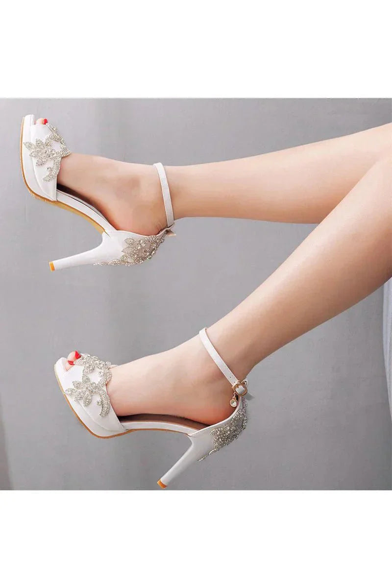 Rhinestone Flowers Decor Peep Toe Platform Stiletto Ankle strap High Heels