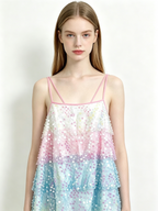 Rainbow Sequin Tiered Tie Back Mini Dress
