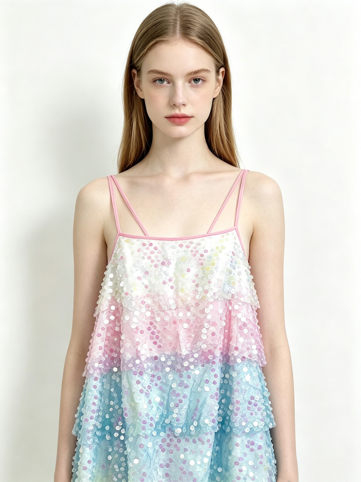Rainbow Sequin Tiered Tie Back Mini Dress