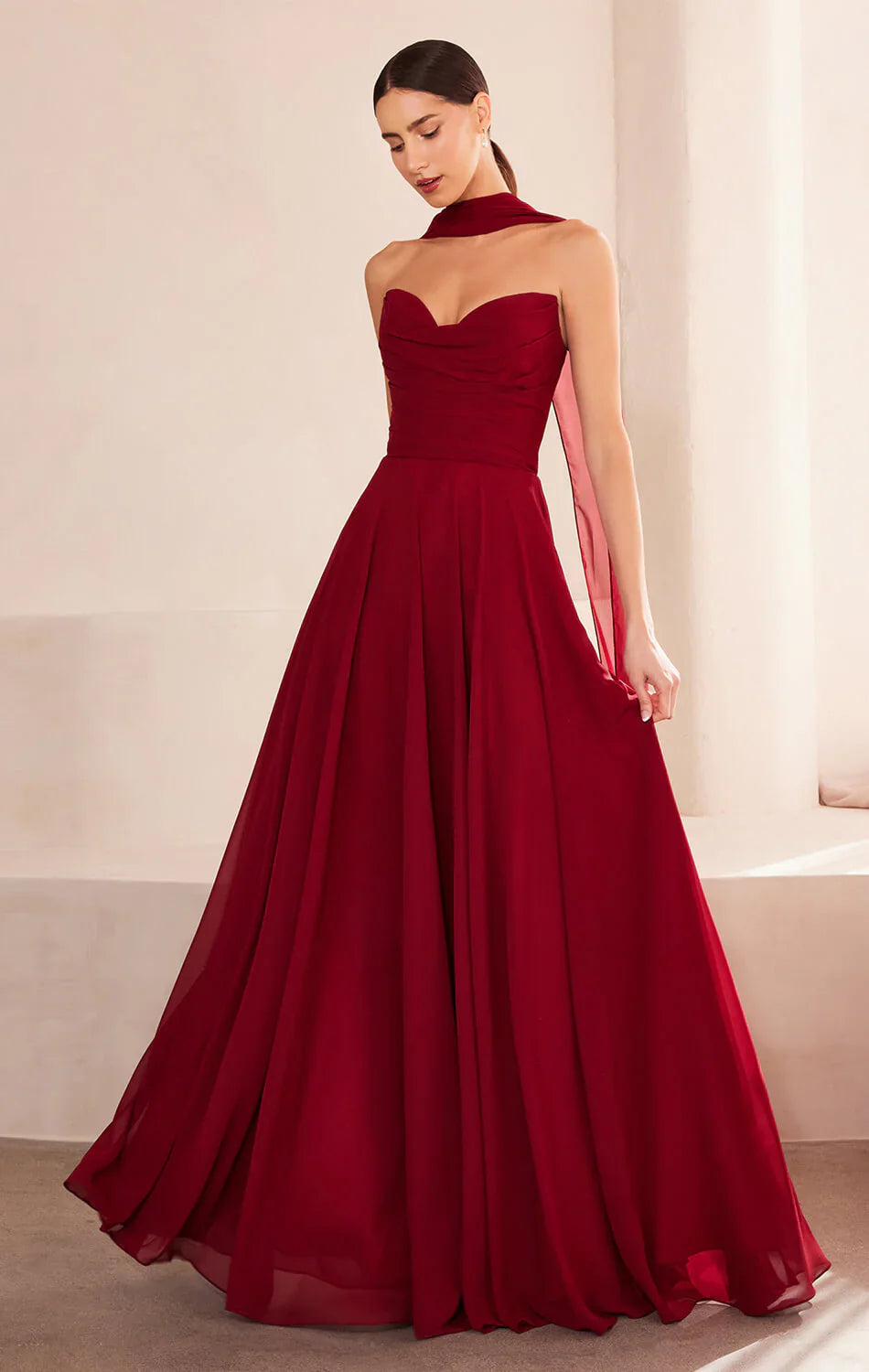 Ella Gown A line Strapless Chiffon Dress With Scarf