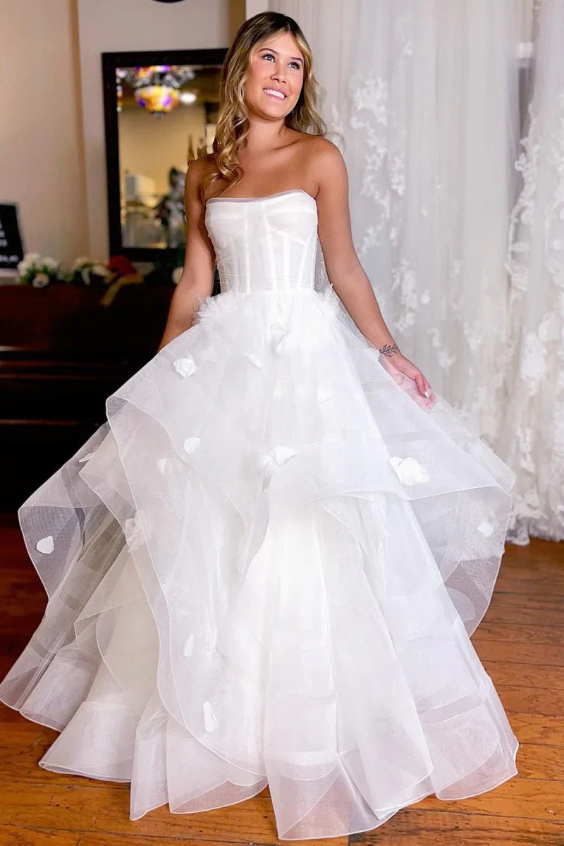 Simple White Corset A Line Wedding Dress with Appliques