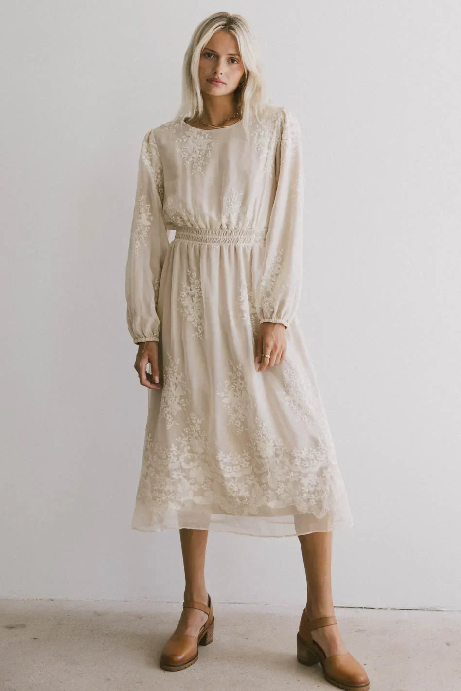 Andee Embroidered Midi Dress in Champagne FINAL SALE