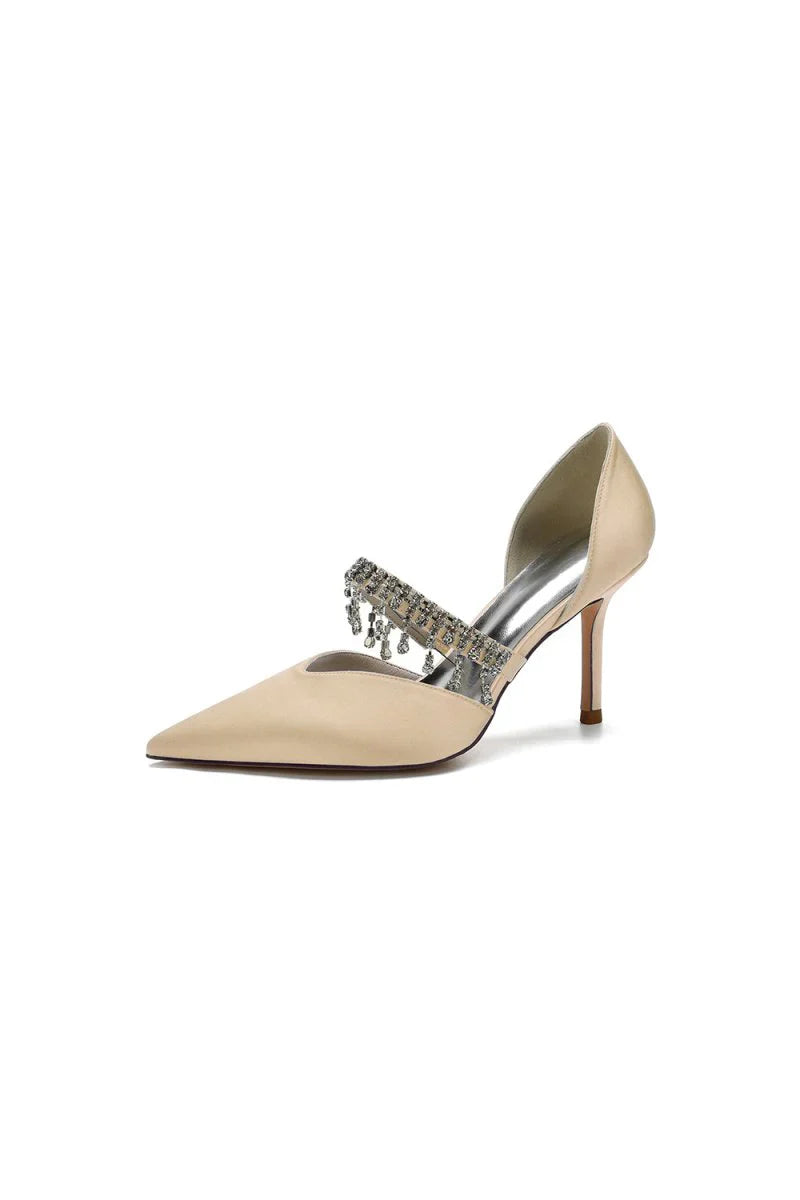 Cocktail Pointed Toe Crystal Tassel Buckle Strap Heels