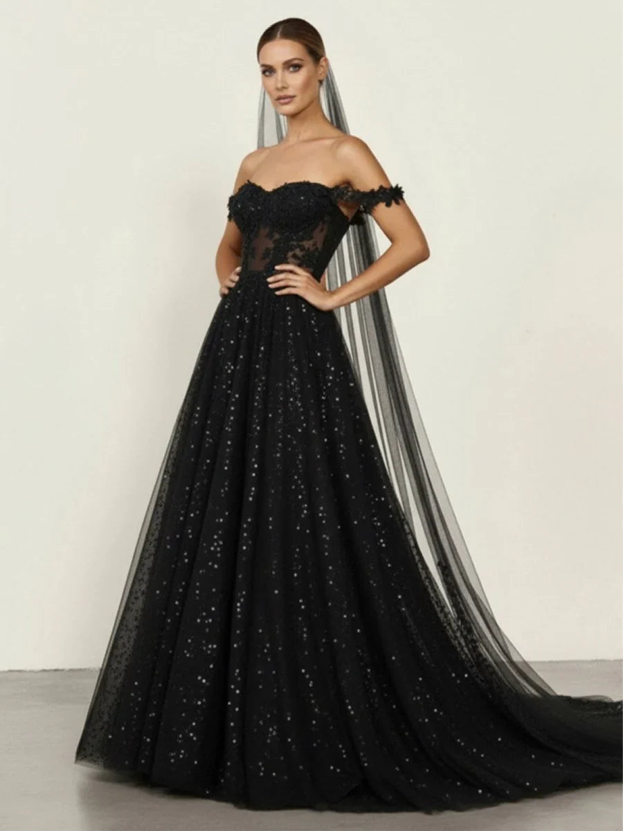 A Line Black Gothic Wedding Dresses with Sequin Lace Appliques