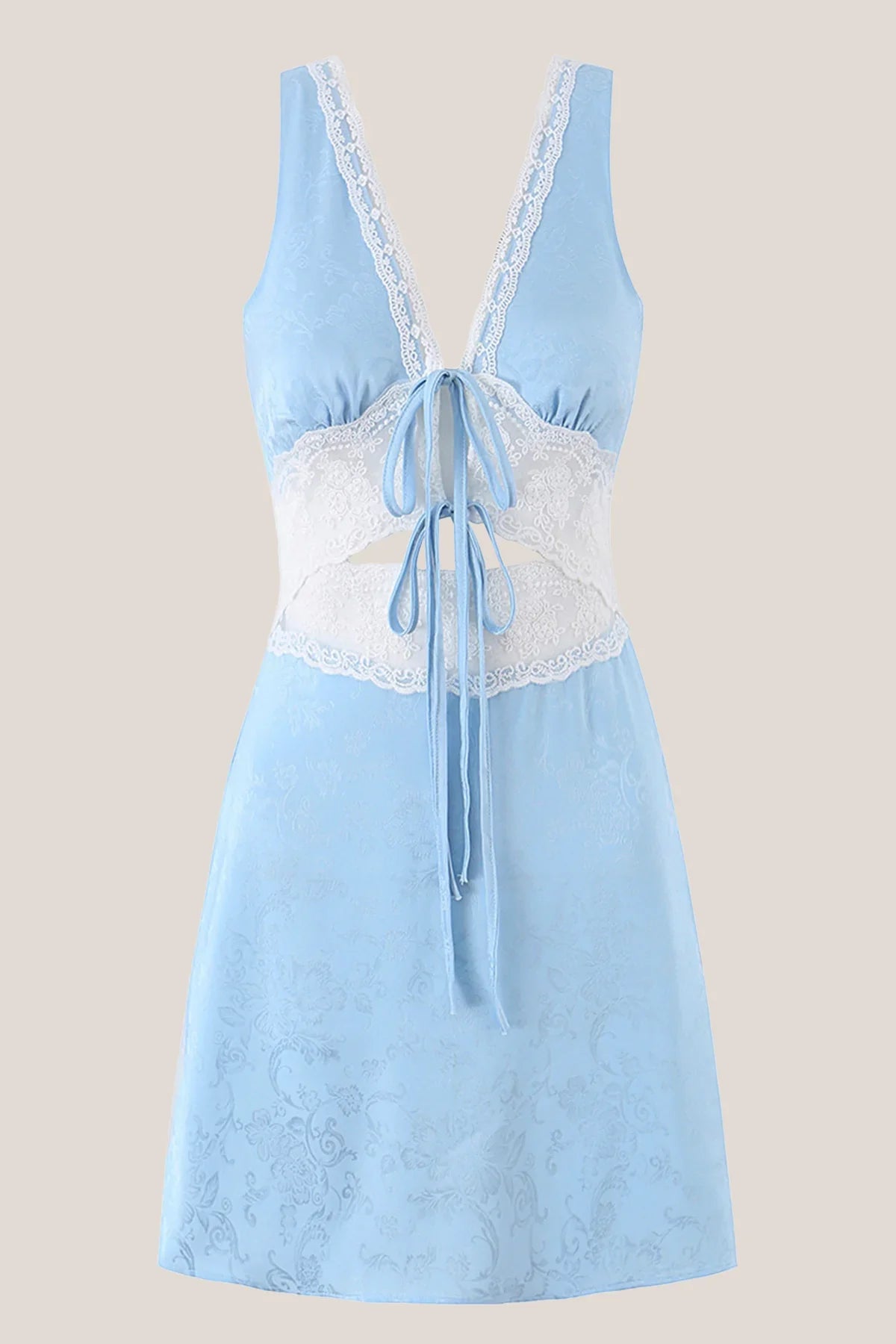 Blue V Neck Lace Cotton Sheath Mini Dress