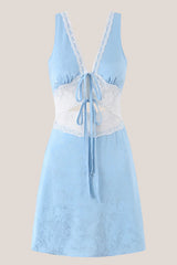 Blue V Neck Lace Cotton Sheath Mini Dress