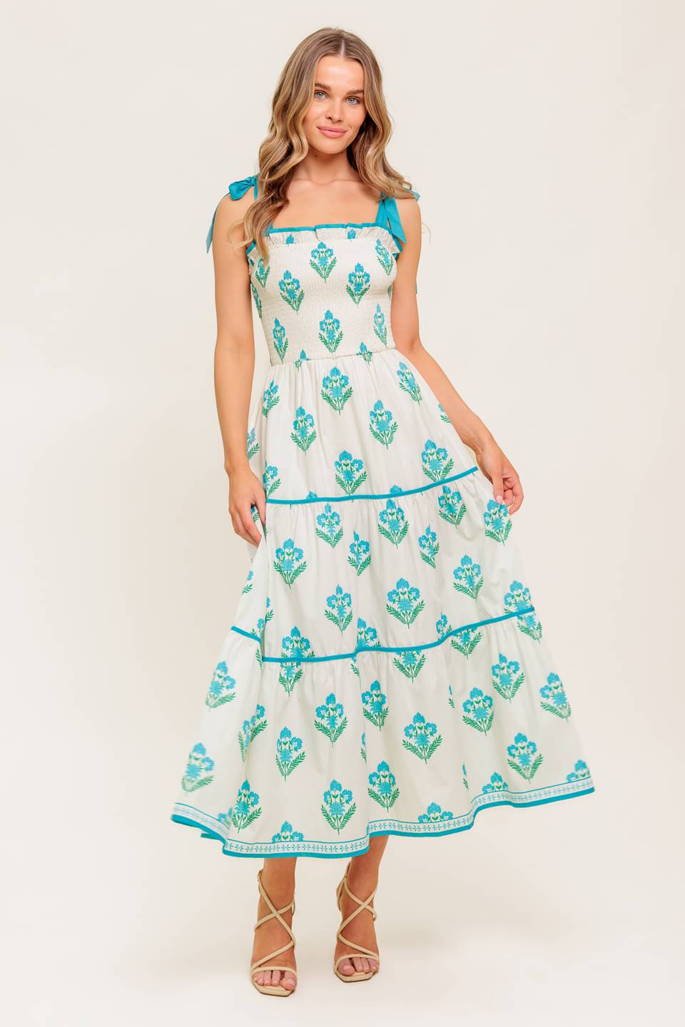 BEAUTY IN BLOOM BLUE TIE STRAP MIDI DRESS
