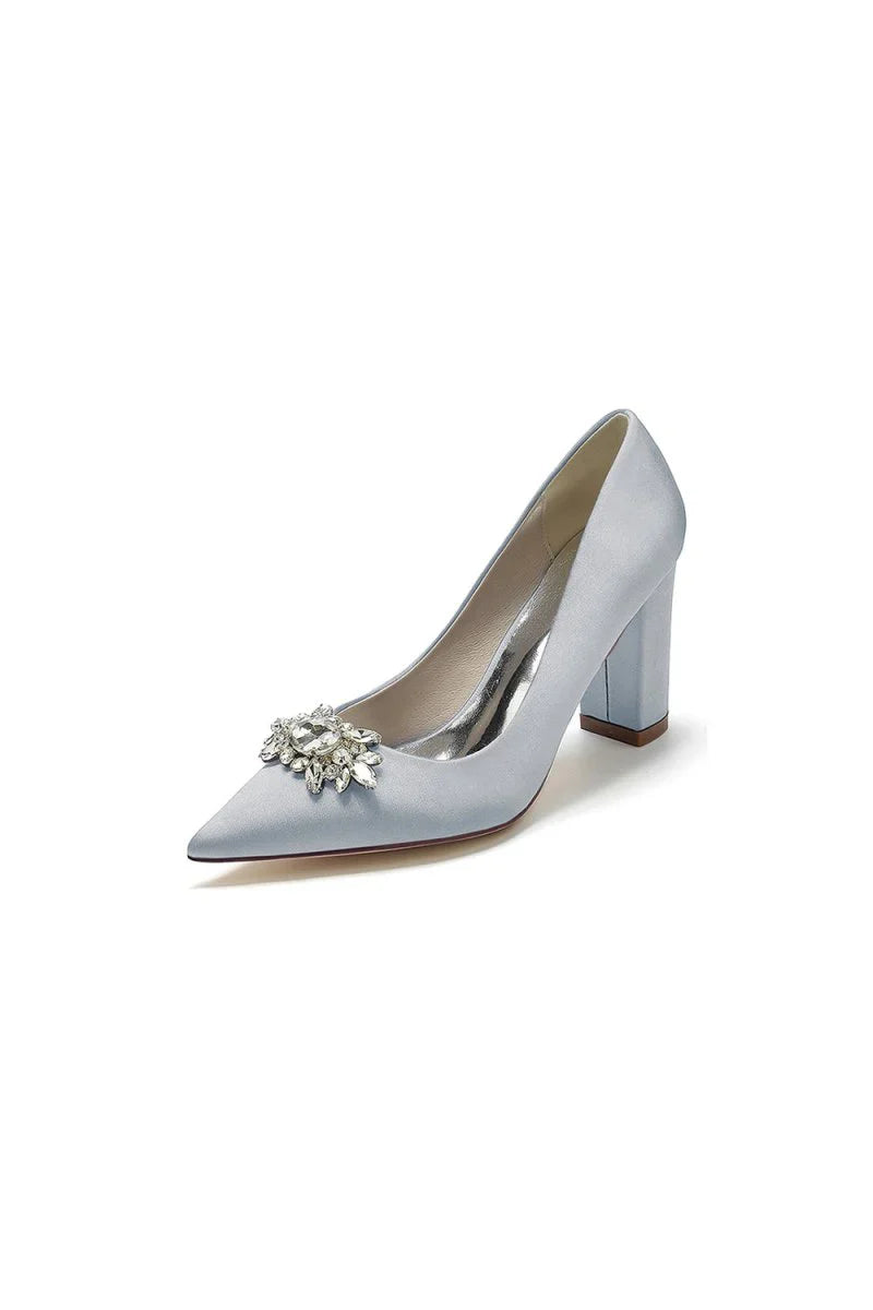 Pointed Toe Chunky Heels with Rhinestone