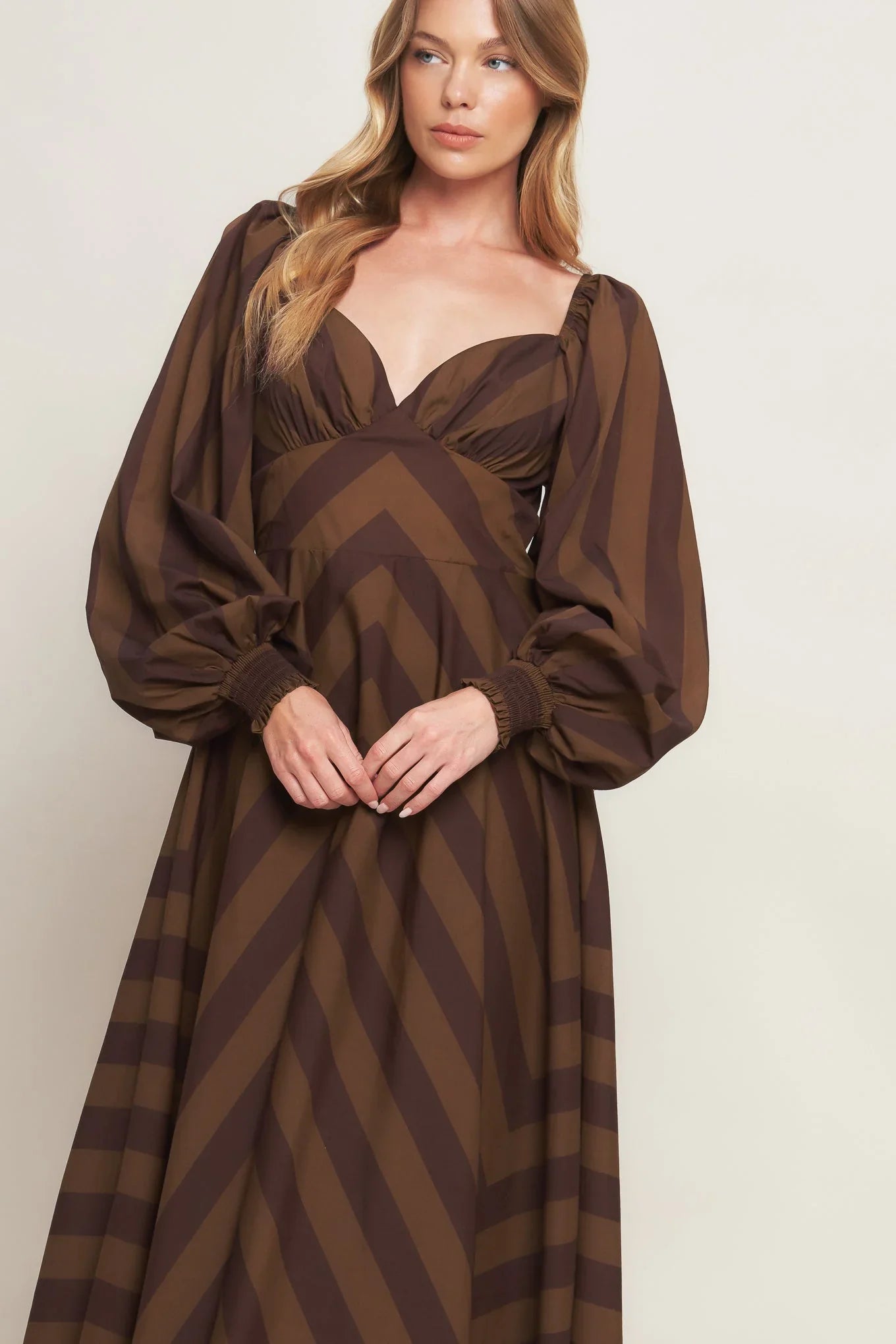 GODDESS BROWN STRIPE LONG SLEEVE MIDI DRESS