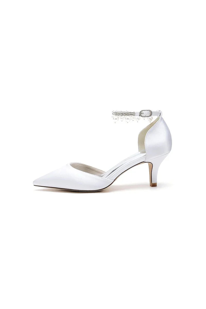 Pointed Toe Pearl Strap Kitten Heels