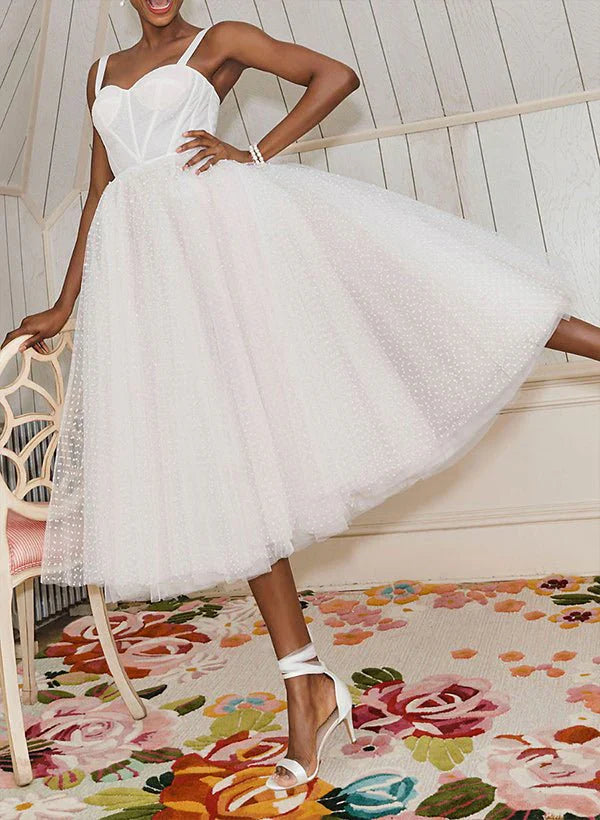A Line Sweetheart Sleeveless Tulle Tea Length Wedding Dresses With Pleated