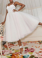 A Line Sweetheart Sleeveless Tulle Tea Length Wedding Dresses With Pleated