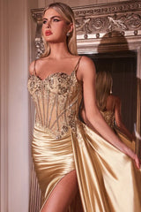 Teagan Gown Gold Fitted Satin Lace Dress