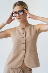 Vivienne Pinstripe Sleeveless Vest in Tan