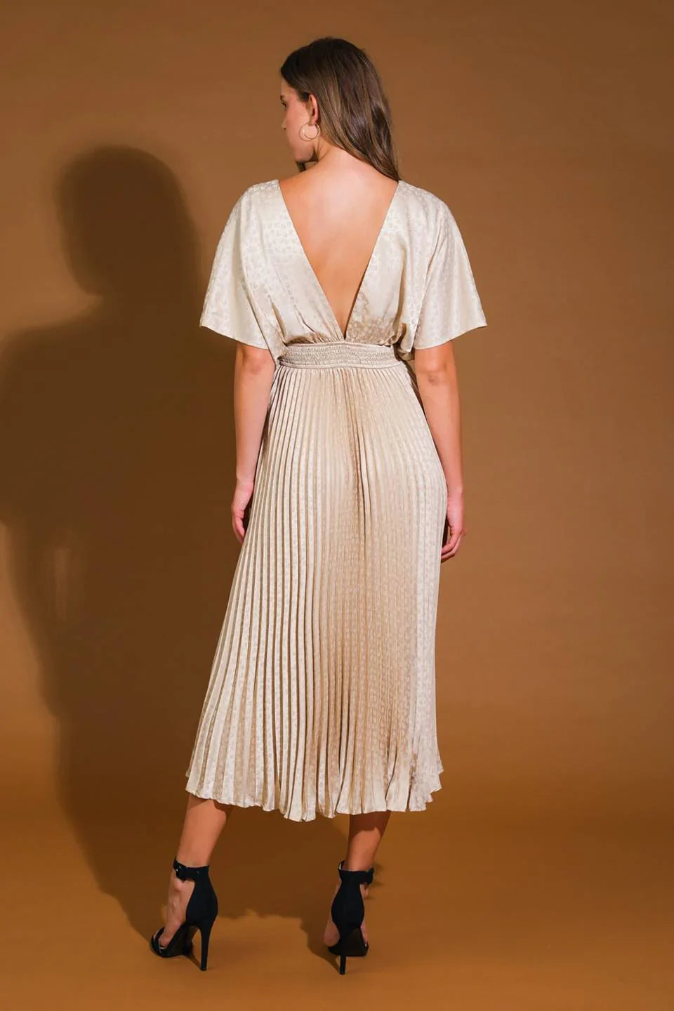 TIMELESS REPEAT PLEATED SATIN MIDI DRESS