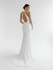 Simple White Halter Open Back Long Wedding Dress