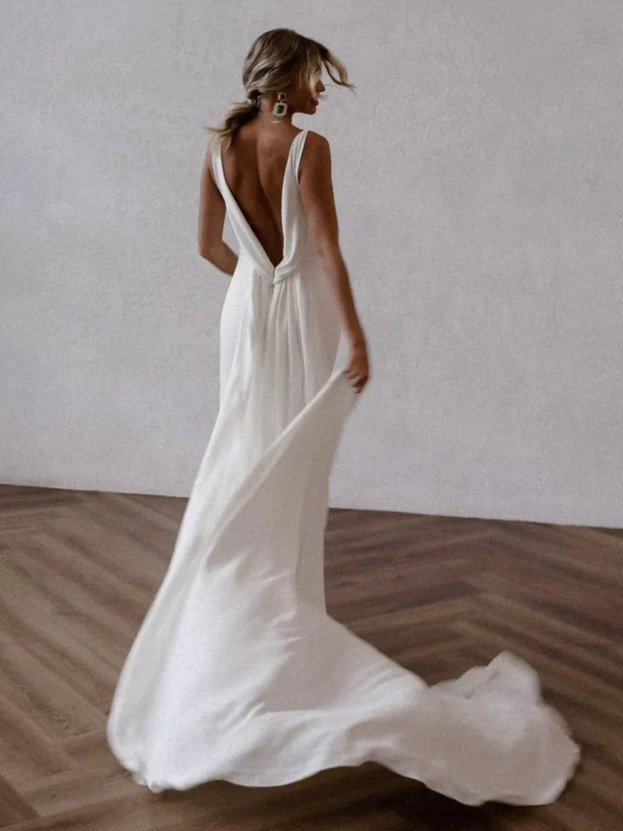 Mermaid Deep V Neck Backless White Wedding Dress