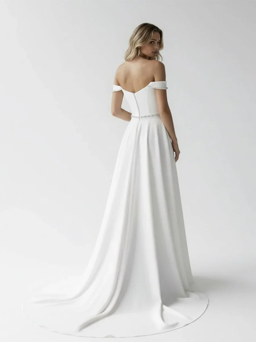 A Line Off the Shoulder Beaded Wedding Dress