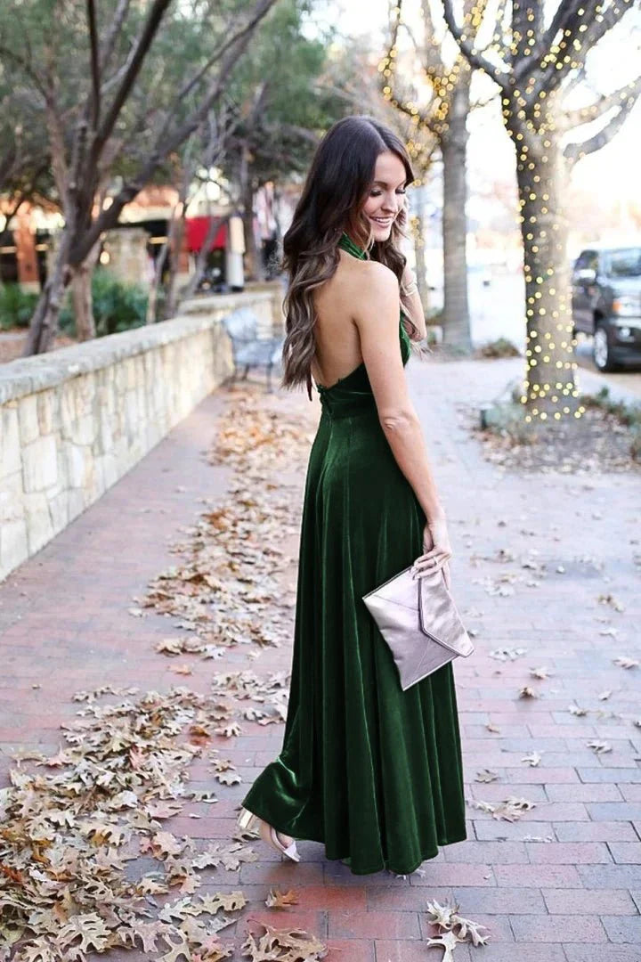 Elegant A Line Halter Backless Burgundy Velvet Long Bridesmaid Dresses Prom Gown