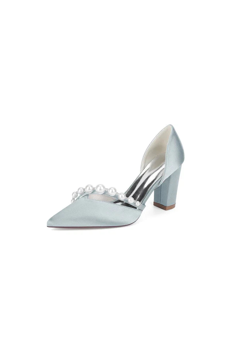 White Satin High Heels with Pearl Embellishments