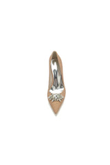 White Glitter Pointed Toe Chunky Heels With Rhinestone