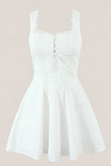 White Cotton Ruffled A Line Mini Dress