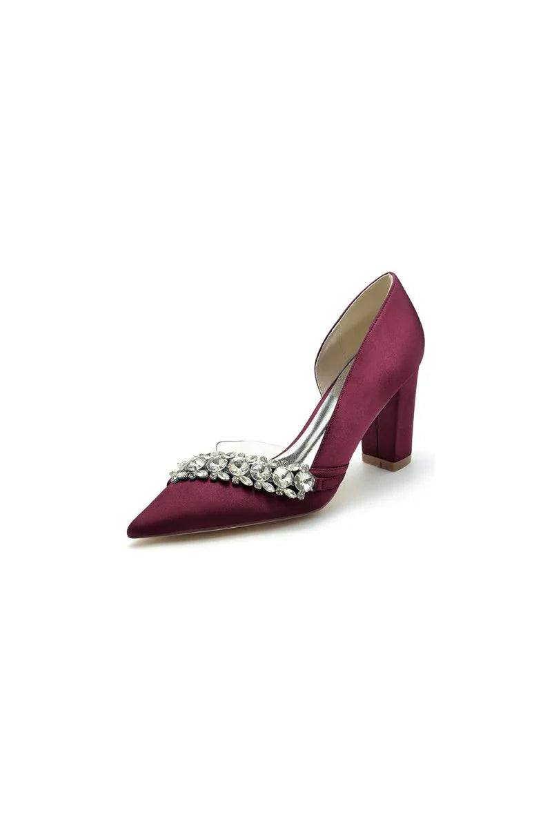 Chic Satin Pointed Toe Slip on Chunky Heels With Rhinestone