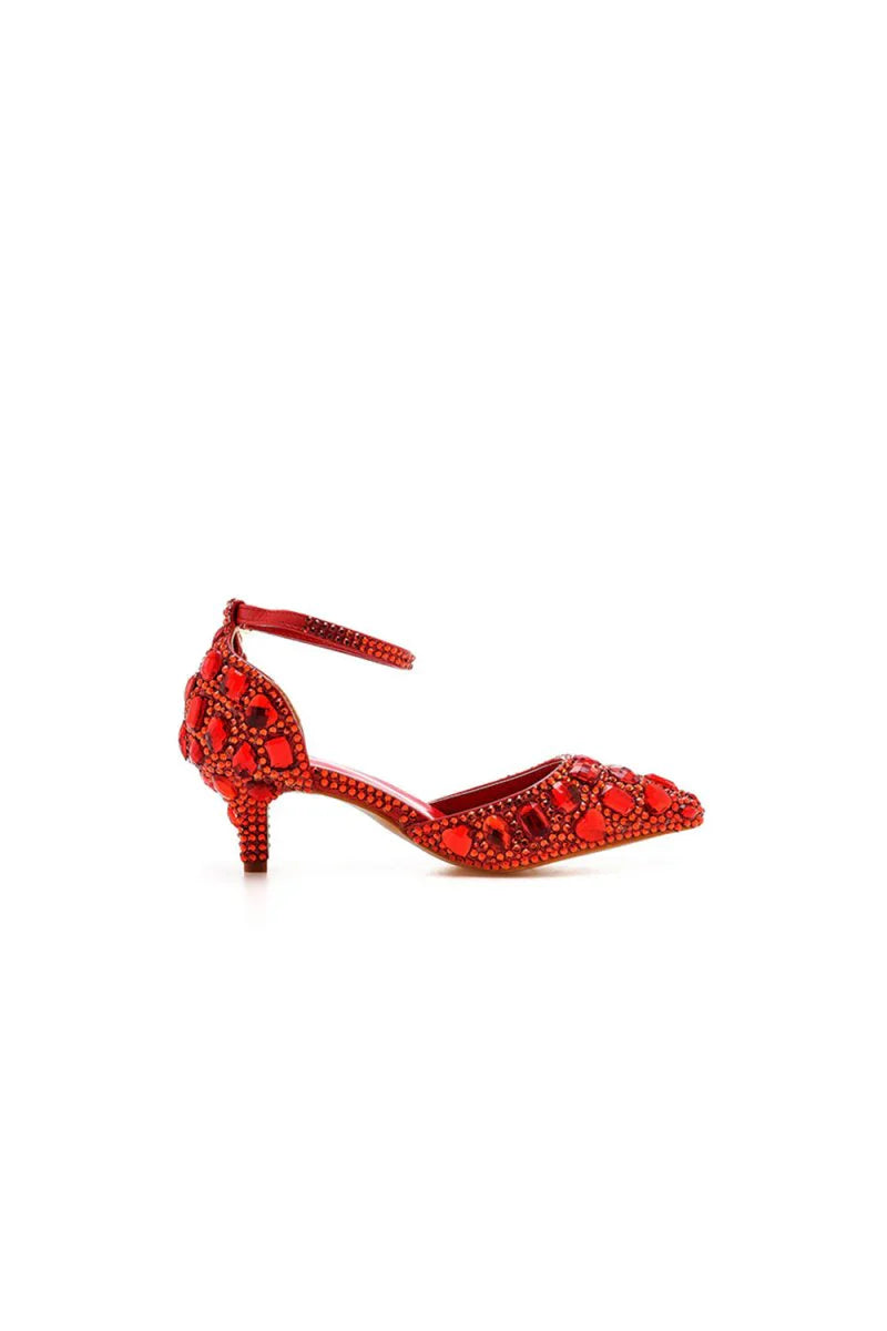 Pointed Toe Crystal Diamond Ankle Strap Kitten Heels