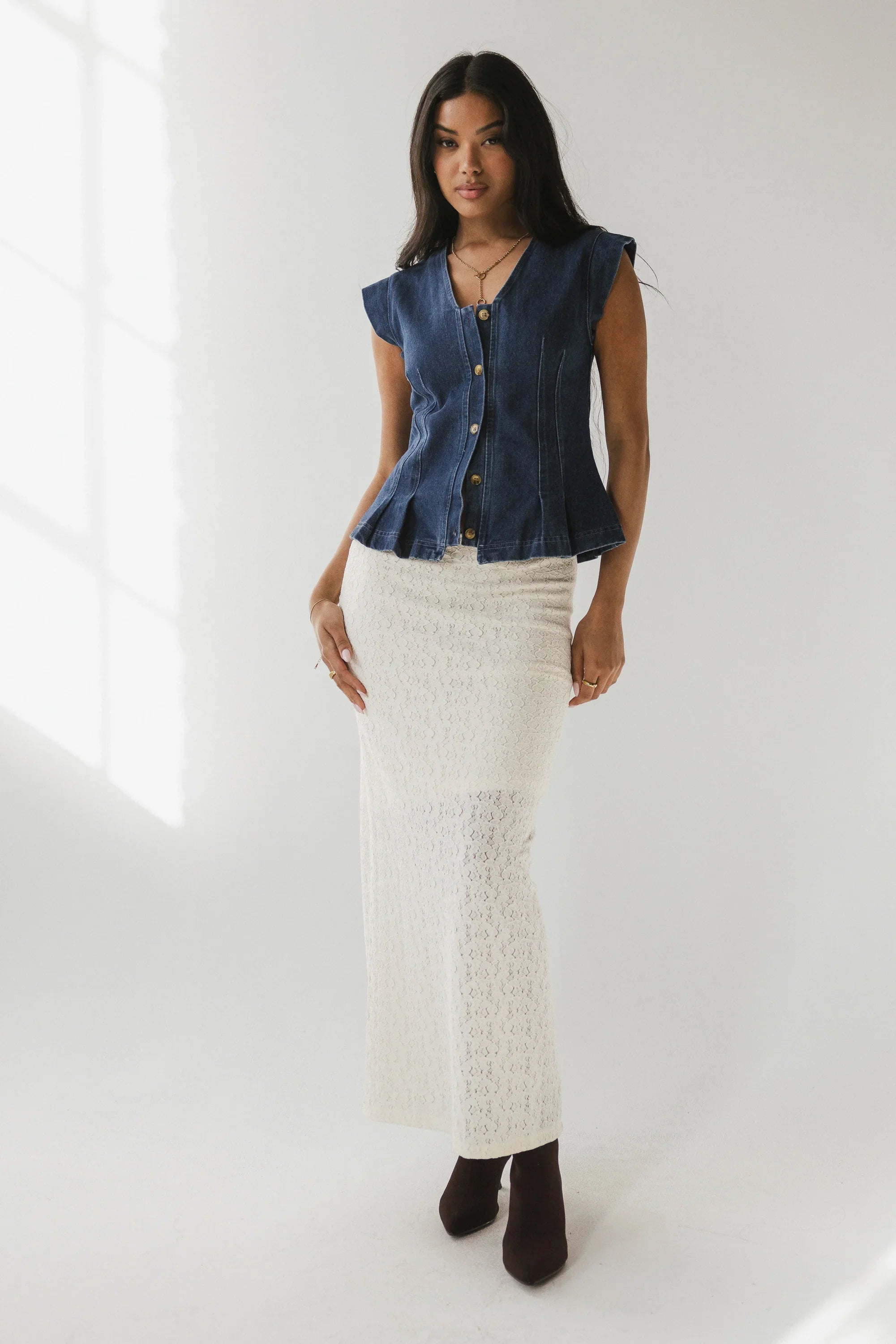Cassie Pleated Blouse in Medium Wash