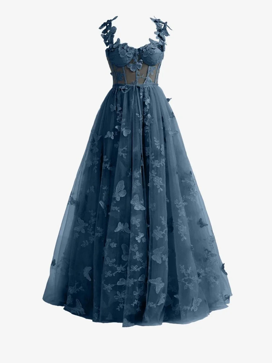 Navy Blue A line Butterfly Lace Lilac Corset Prom Dress with Slit