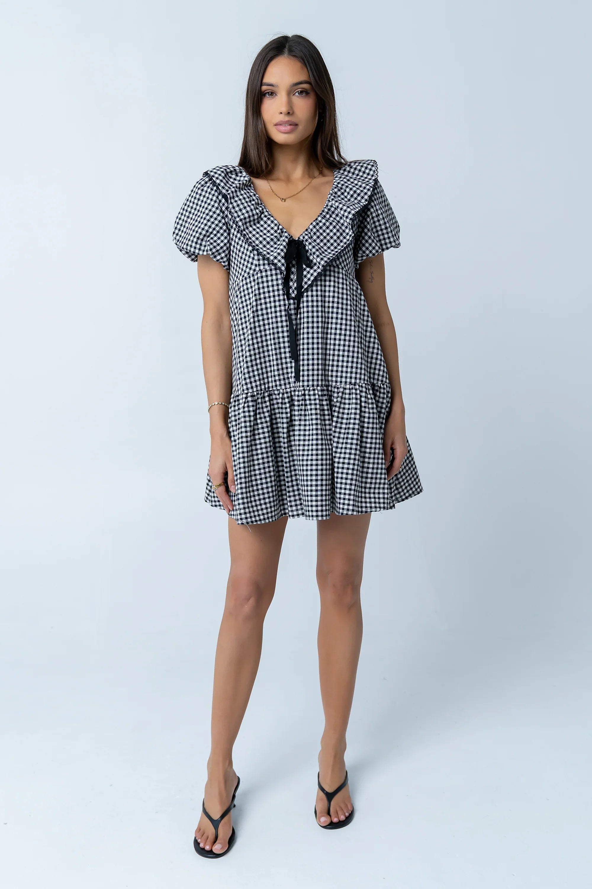 Tony Gingham Baby Doll Dress in Black