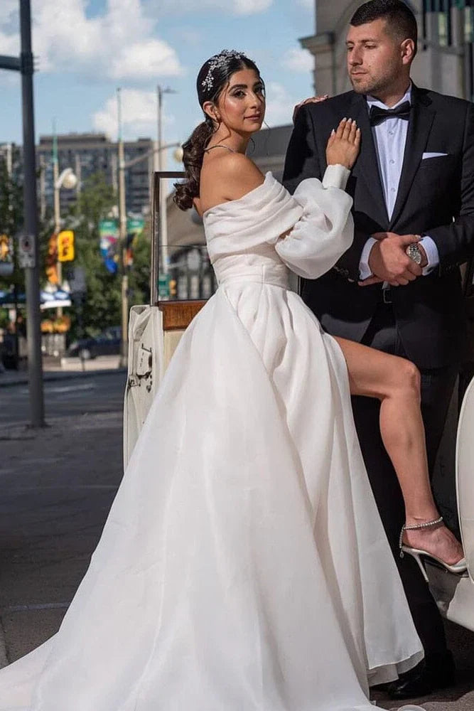 A Line Off the Shoulder White Wedding Dress with Slit